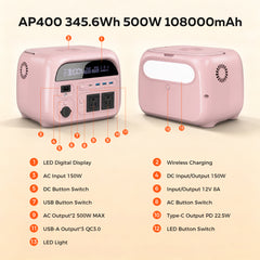 CTOLITY AP400 Soft Pink 500W 346Wh Portable Power Station Solar Generator